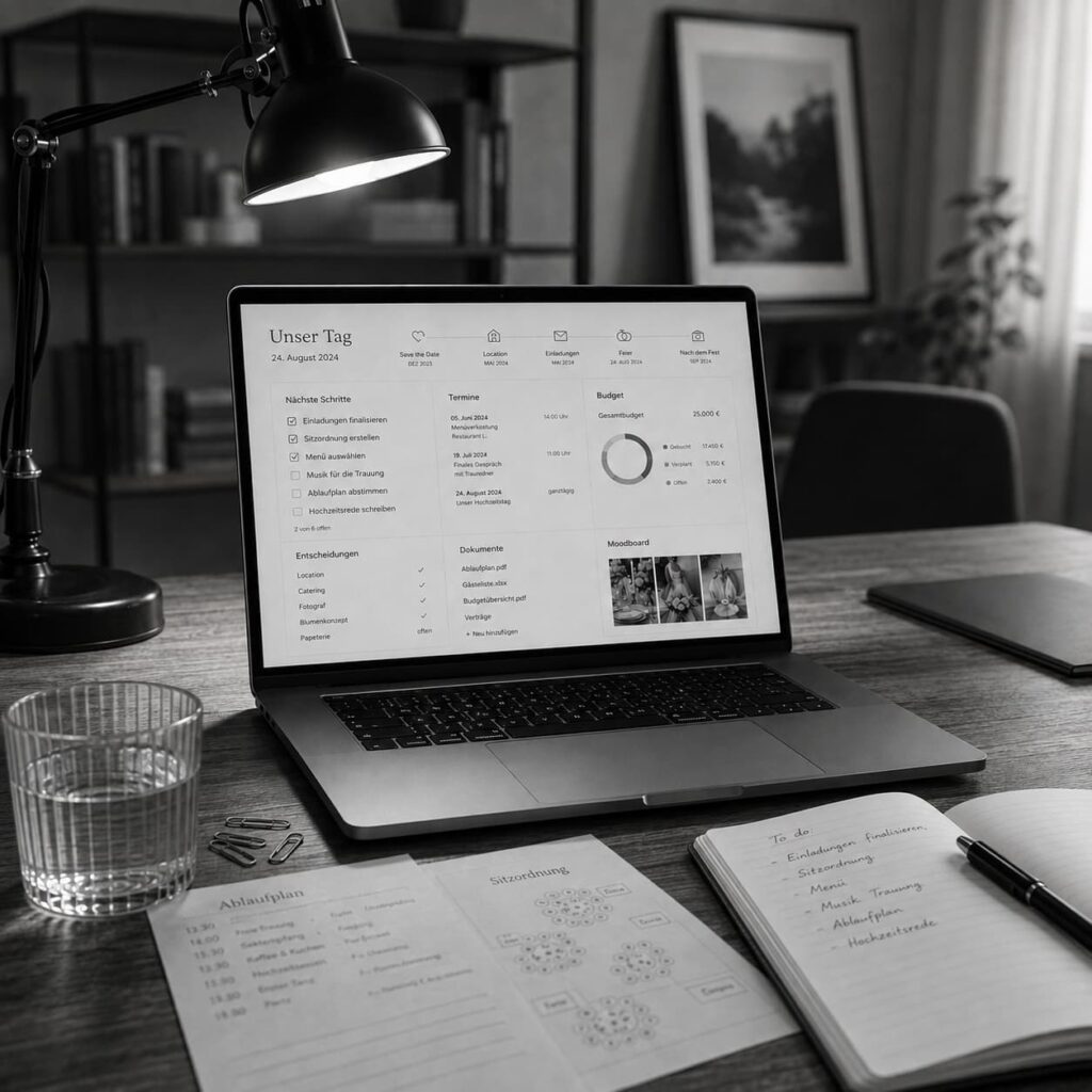 Laptop mit digitalem Dashboard für eine übersichtliche Hochzeitsplanung im Homeoffice