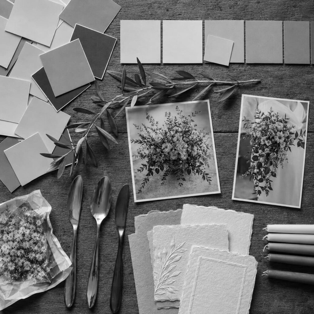 Hochzeits-Moodboard mit Farbkarten, Brautstraußfotos, Papeterie, Kerzen und Besteckmustern