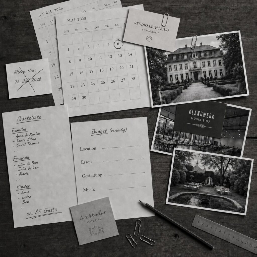 Hochzeitsplanung mit Kalender, Gästeliste, Budgetübersicht, Locationfotos und Dienstleisterkarten