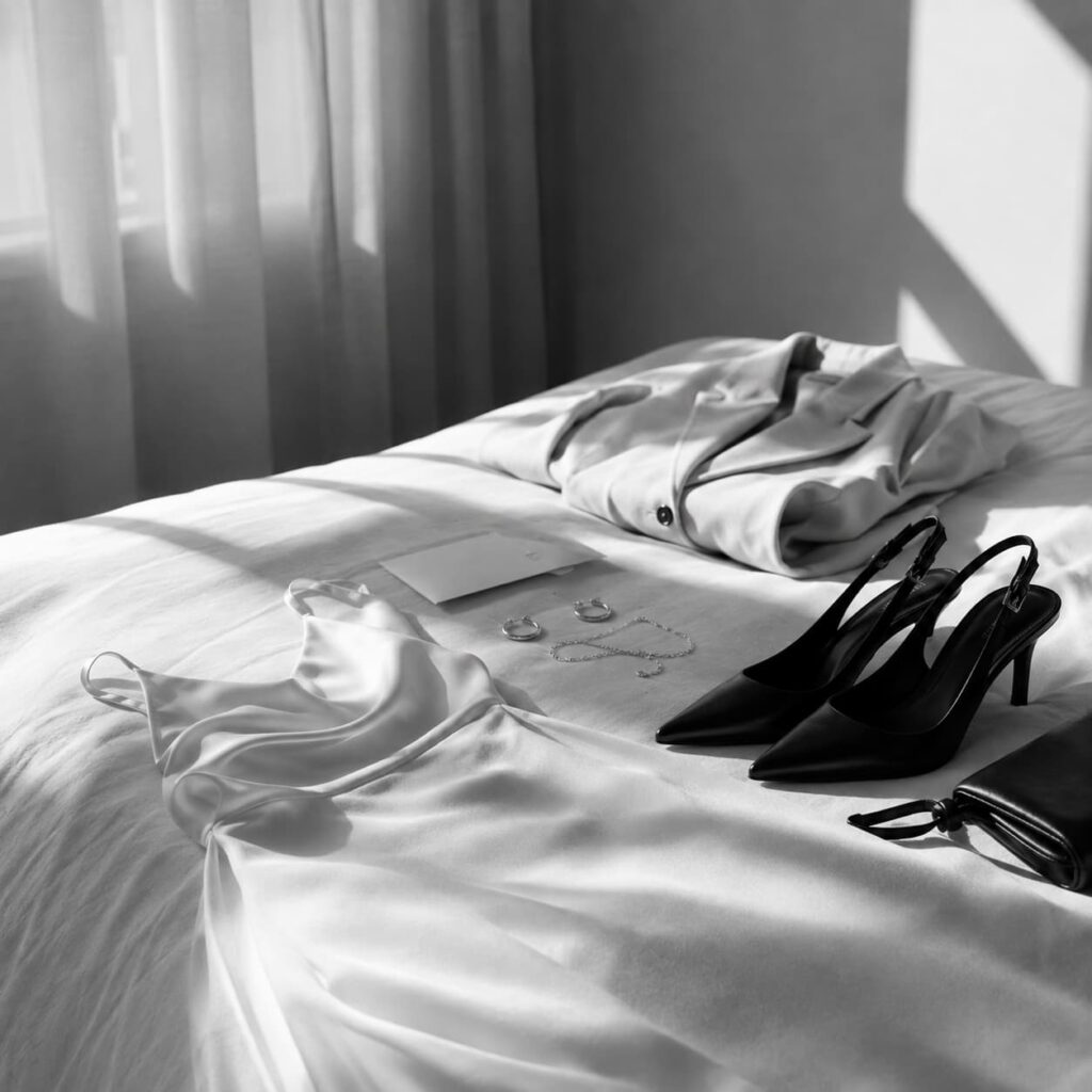 Kleidung, Schuhe, Schmuck und Accessoires für den Hochzeitstag liegen vorbereitet auf einem Bett